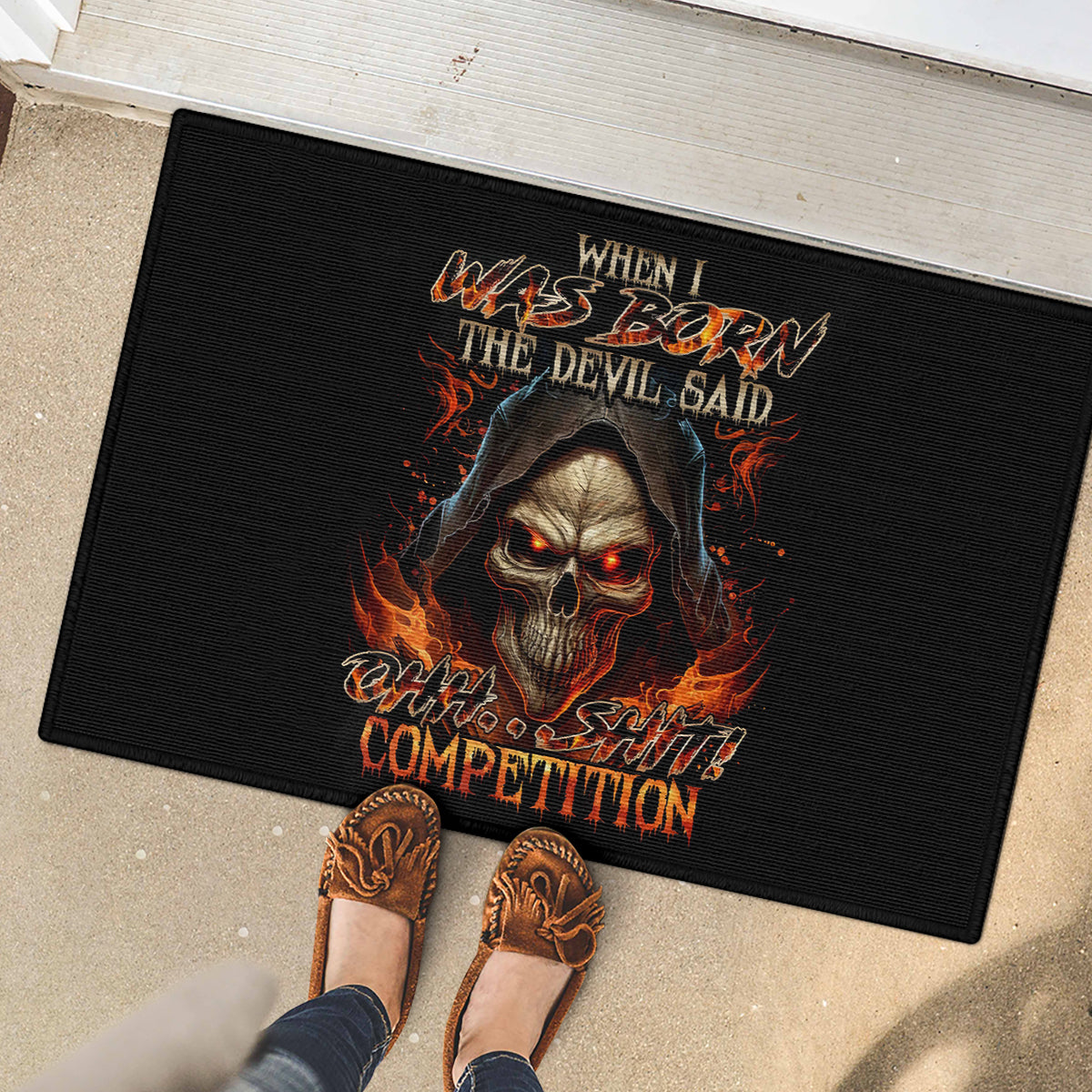 Flame Skull Rubber Doormat When I Was Born The Devil Said Oh Shit Compettion - Wonder Print Shop
