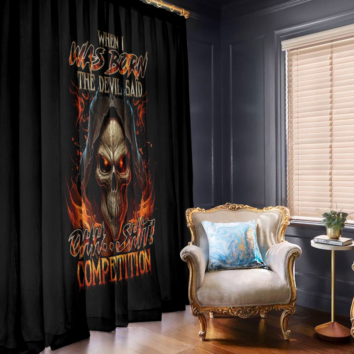 Flame Skull Window Curtain When I Was Born The Devil Said Oh Shit Compettion - Wonder Print Shop