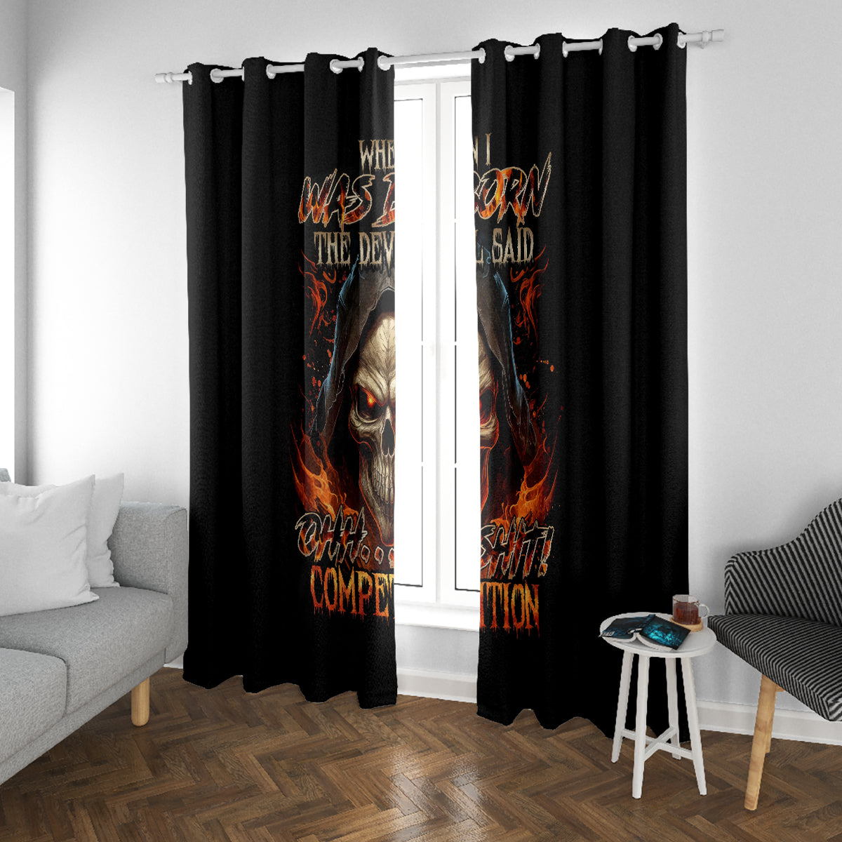 Flame Skull Window Curtain When I Was Born The Devil Said Oh Shit Compettion - Wonder Print Shop