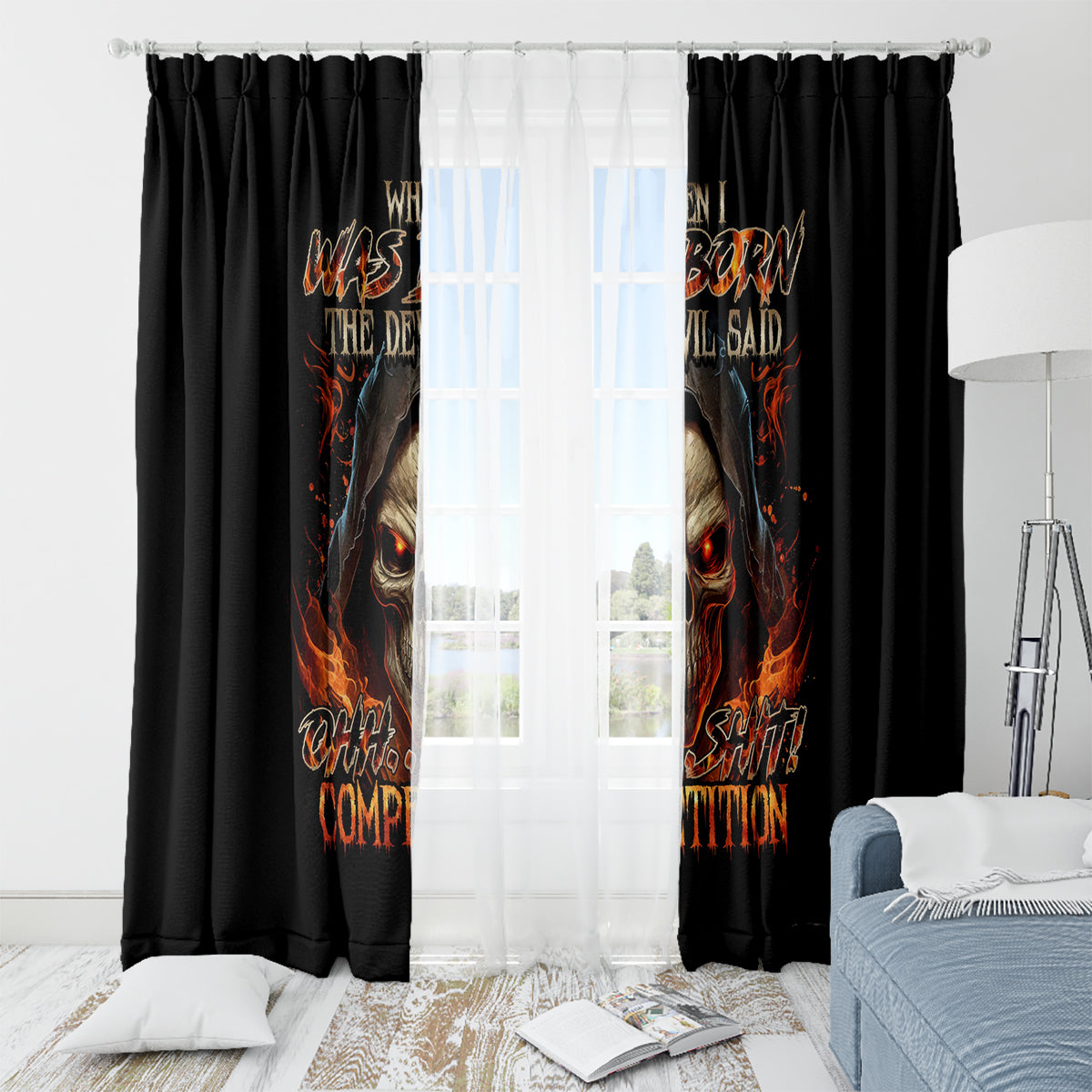 Flame Skull Window Curtain When I Was Born The Devil Said Oh Shit Compettion - Wonder Print Shop