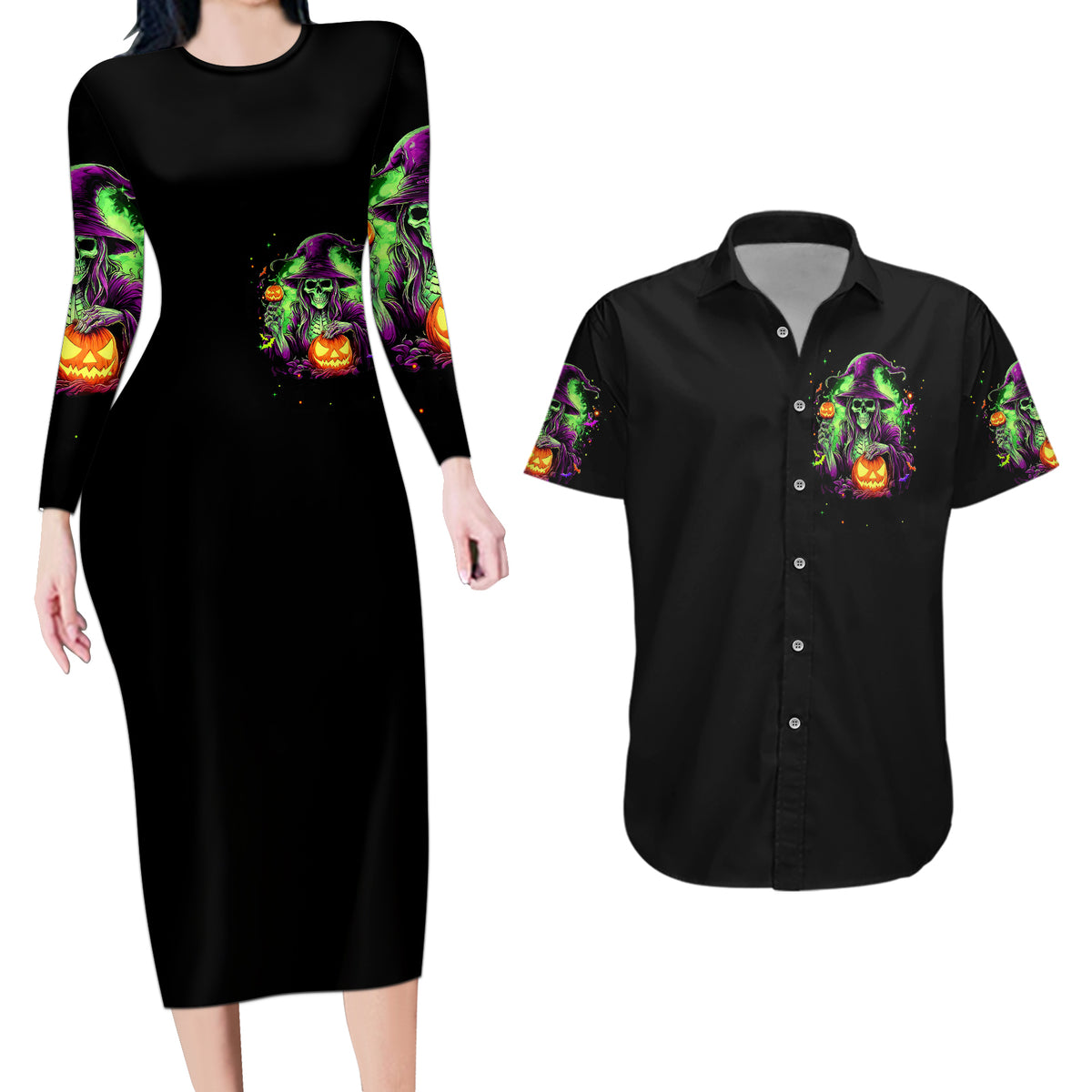 Pumpkin Witch Skull Couples Matching Long Sleeve Bodycon Dress and Hawaiian Shirt Witches Be Trippin - Wonder Print Shop