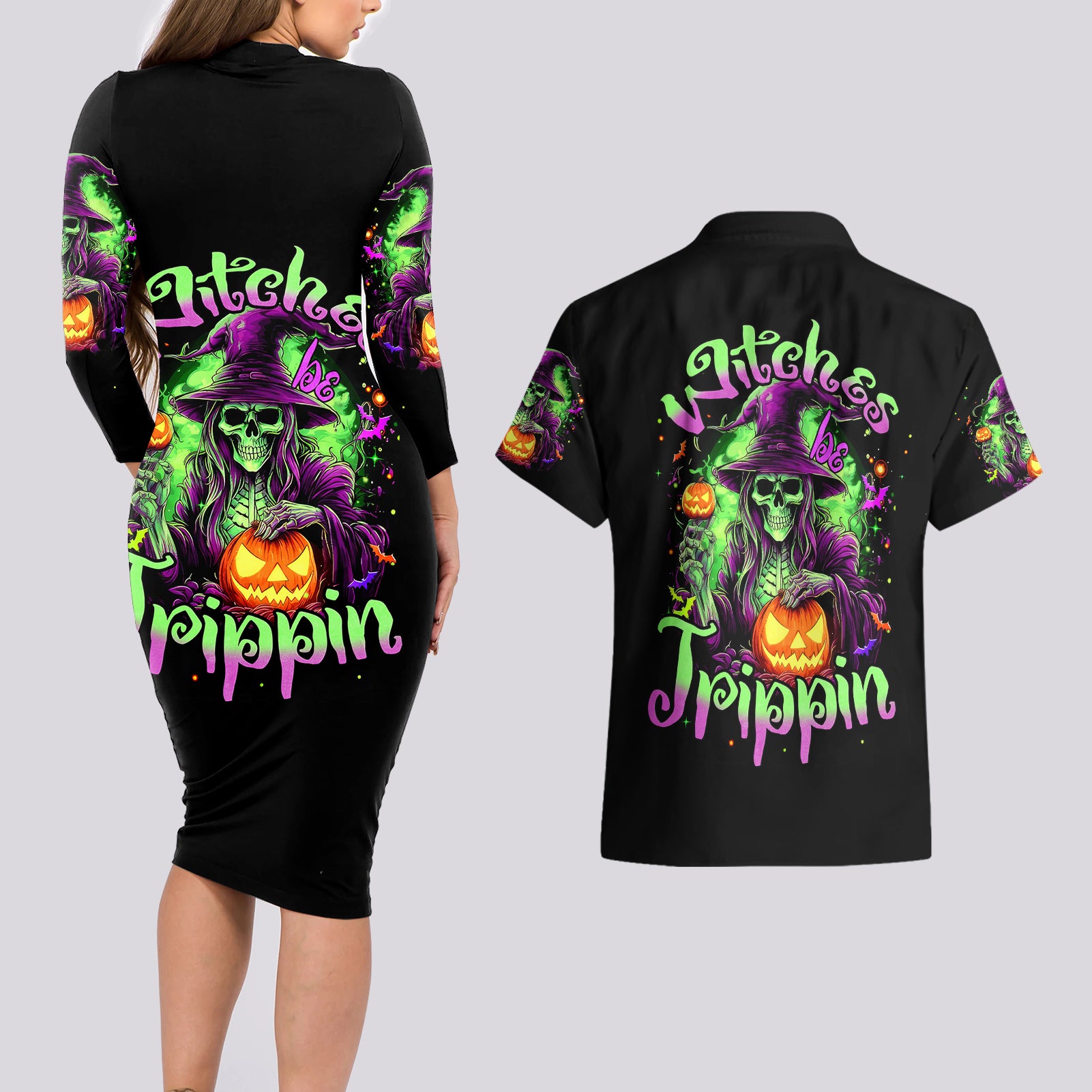 Pumpkin Witch Skull Couples Matching Long Sleeve Bodycon Dress and Hawaiian Shirt Witches Be Trippin - Wonder Print Shop