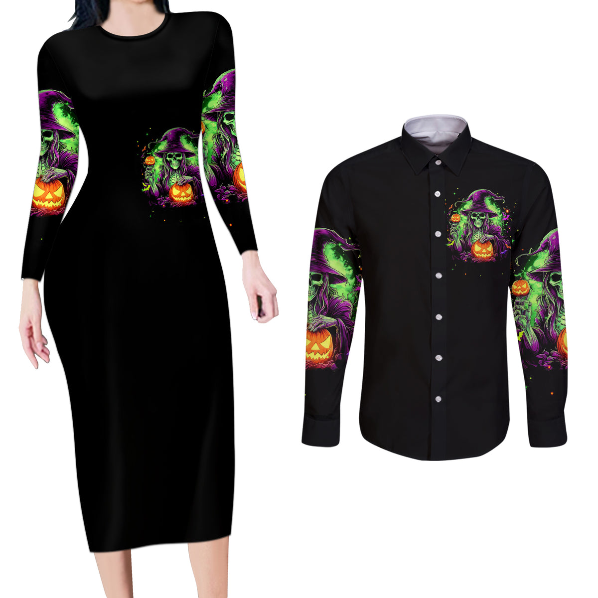 Pumpkin Witch Skull Couples Matching Long Sleeve Bodycon Dress and Long Sleeve Button Shirts Witches Be Trippin - Wonder Print Shop