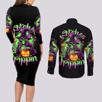 Pumpkin Witch Skull Couples Matching Long Sleeve Bodycon Dress and Long Sleeve Button Shirts Witches Be Trippin - Wonder Print Shop