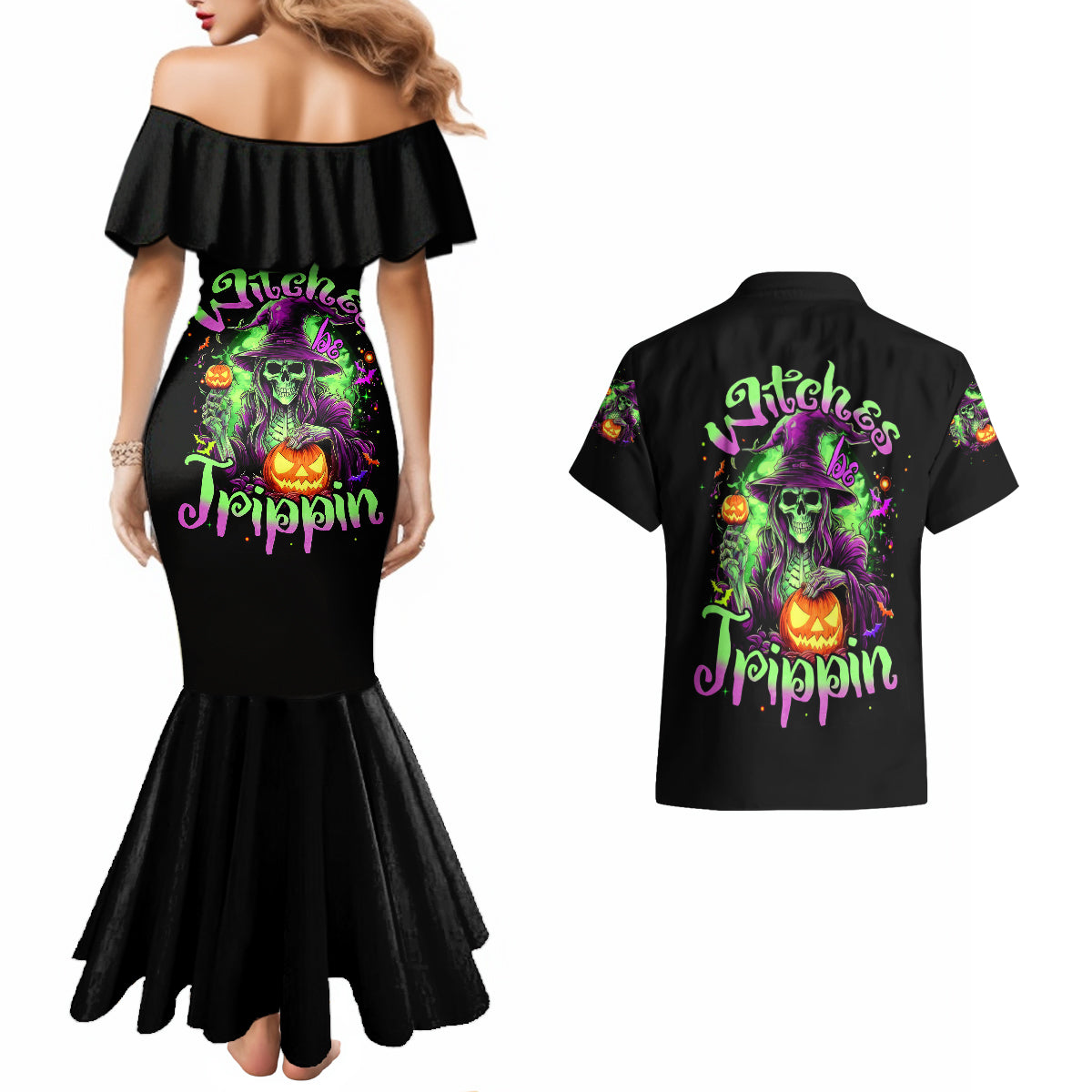 Pumpkin Witch Skull Couples Matching Mermaid Dress and Hawaiian Shirt Witches Be Trippin - Wonder Print Shop