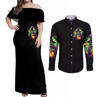 Pumpkin Witch Skull Couples Matching Off Shoulder Maxi Dress and Long Sleeve Button Shirts Witches Be Trippin - Wonder Print Shop