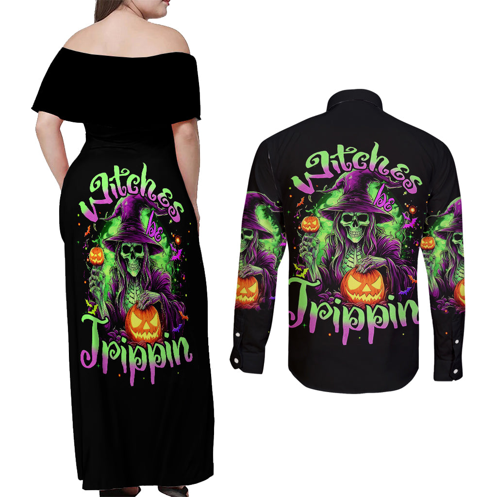 Pumpkin Witch Skull Couples Matching Off Shoulder Maxi Dress and Long Sleeve Button Shirts Witches Be Trippin - Wonder Print Shop