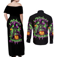 Pumpkin Witch Skull Couples Matching Off Shoulder Maxi Dress and Long Sleeve Button Shirts Witches Be Trippin - Wonder Print Shop