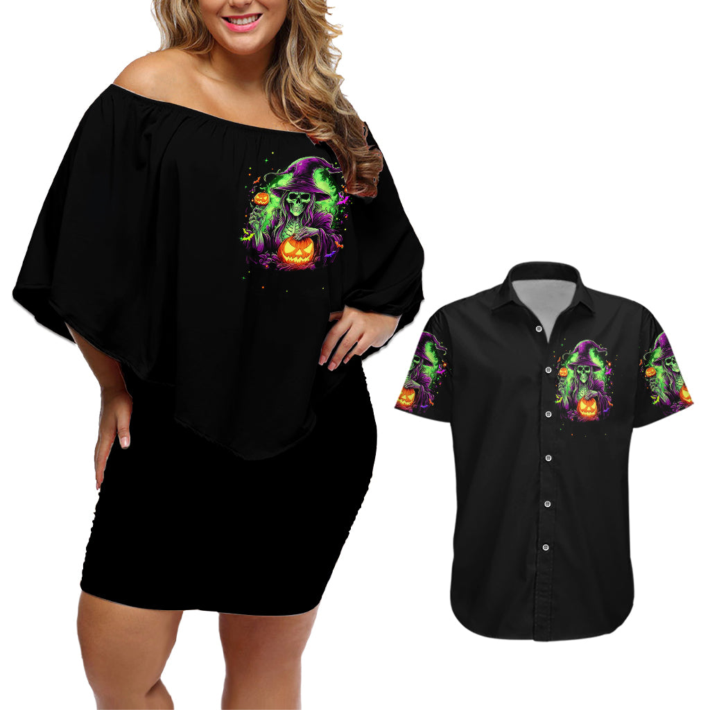 Pumpkin Witch Skull Couples Matching Off Shoulder Short Dress and Hawaiian Shirt Witches Be Trippin - Wonder Print Shop