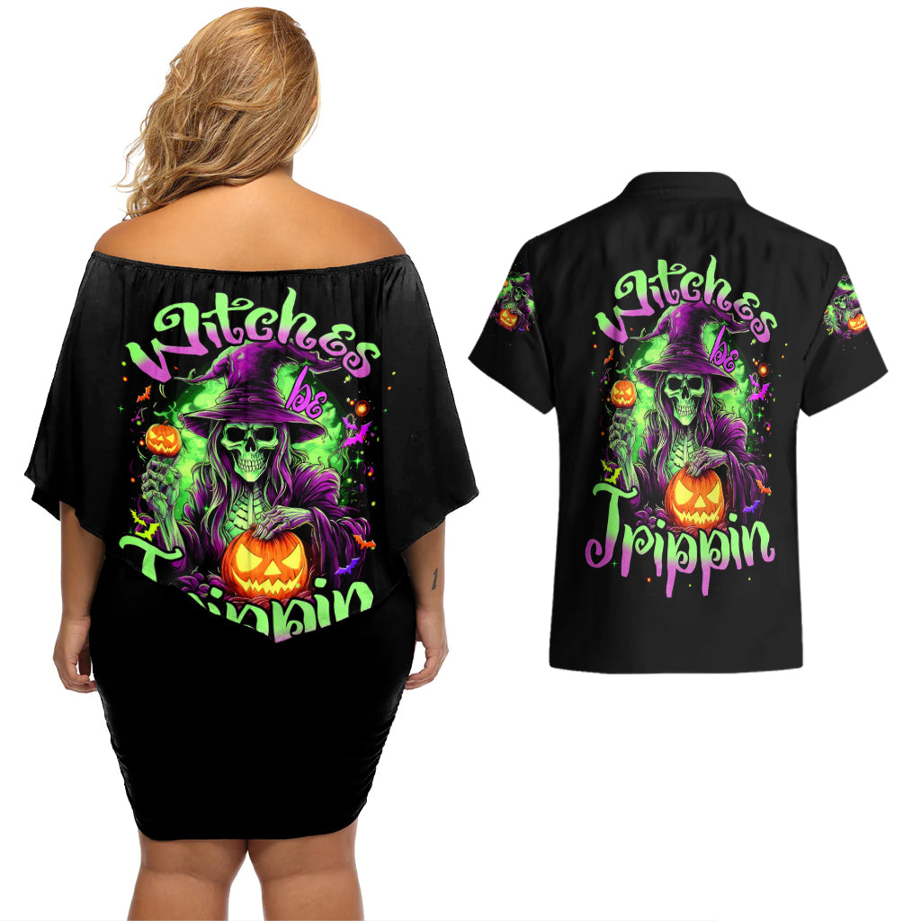 Pumpkin Witch Skull Couples Matching Off Shoulder Short Dress and Hawaiian Shirt Witches Be Trippin - Wonder Print Shop