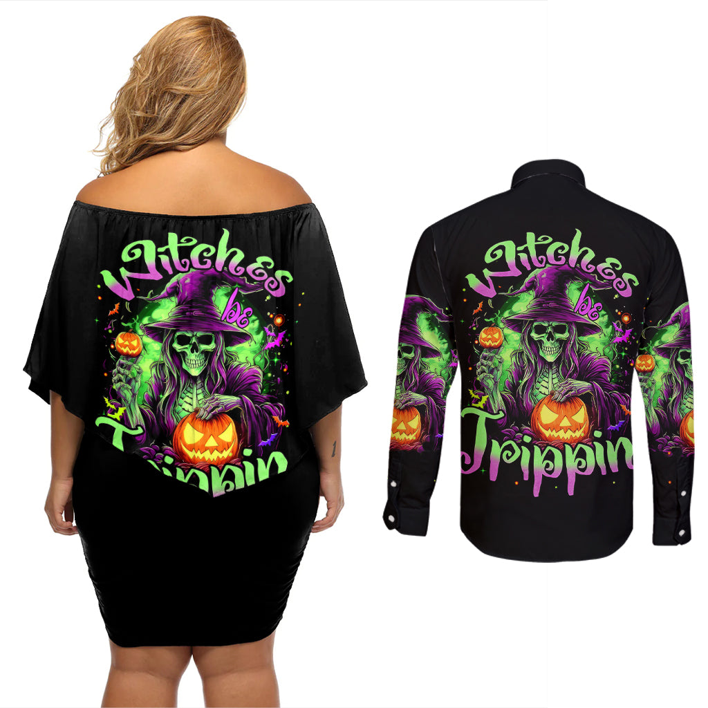 Pumpkin Witch Skull Couples Matching Off Shoulder Short Dress and Long Sleeve Button Shirts Witches Be Trippin - Wonder Print Shop