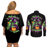 Pumpkin Witch Skull Couples Matching Off Shoulder Short Dress and Long Sleeve Button Shirts Witches Be Trippin - Wonder Print Shop
