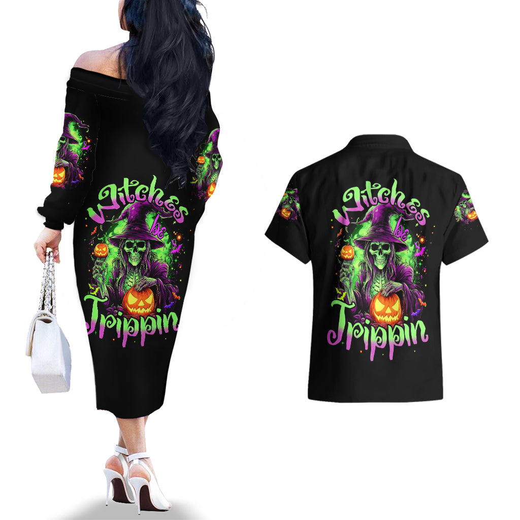 Pumpkin Witch Skull Couples Matching Off The Shoulder Long Sleeve Dress and Hawaiian Shirt Witches Be Trippin - Wonder Print Shop
