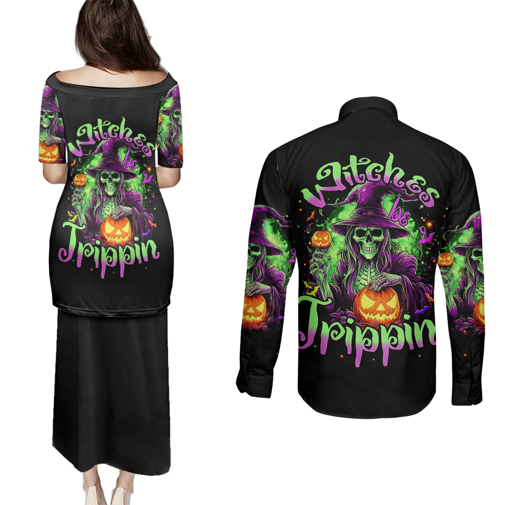 Pumpkin Witch Skull Couples Matching Puletasi Dress and Long Sleeve Button Shirts Witches Be Trippin - Wonder Print Shop