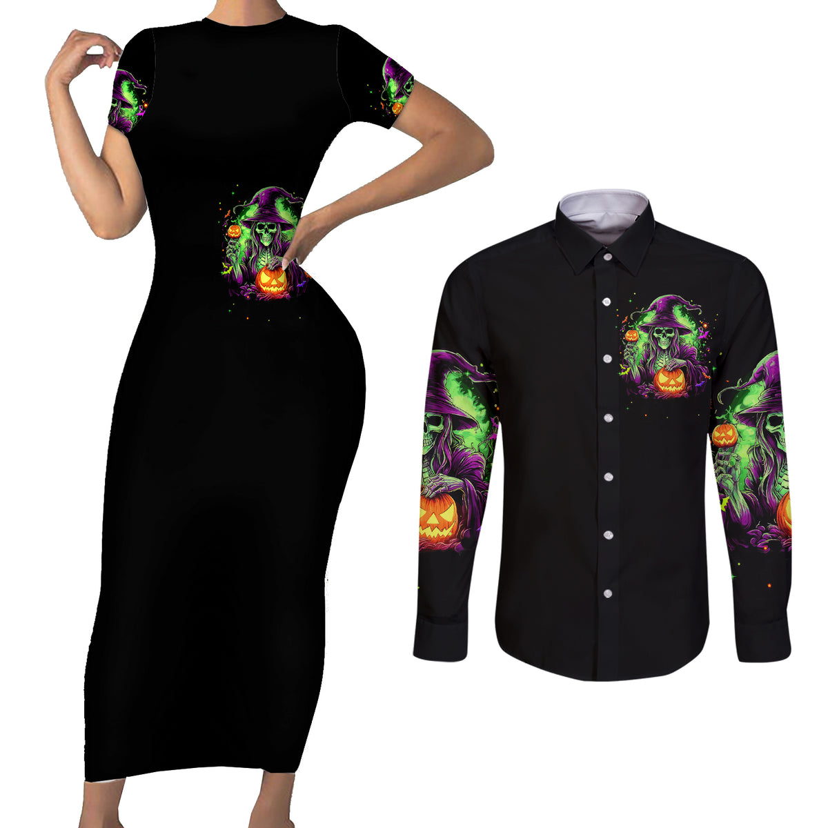 Pumpkin Witch Skull Couples Matching Short Sleeve Bodycon Dress and Long Sleeve Button Shirts Witches Be Trippin - Wonder Print Shop