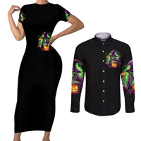 Pumpkin Witch Skull Couples Matching Short Sleeve Bodycon Dress and Long Sleeve Button Shirts Witches Be Trippin - Wonder Print Shop