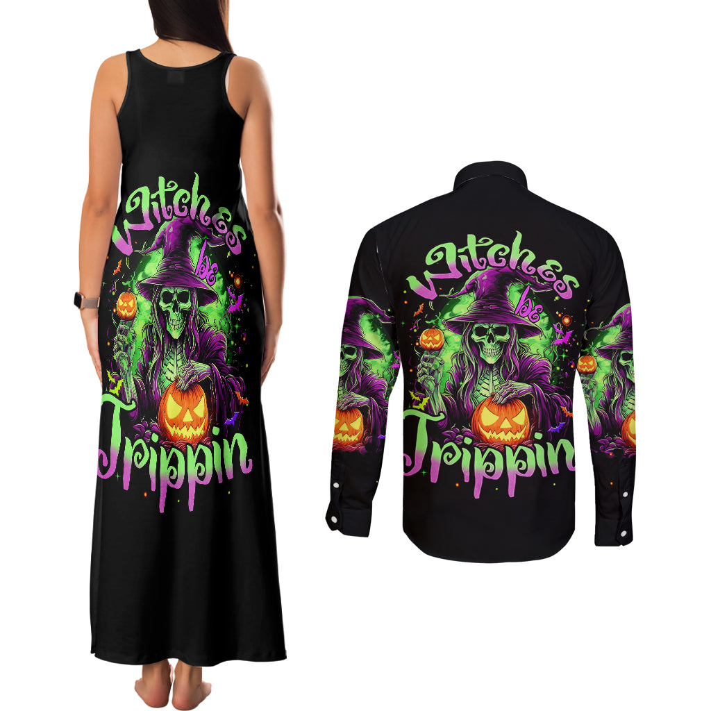 Pumpkin Witch Skull Couples Matching Tank Maxi Dress and Long Sleeve Button Shirts Witches Be Trippin - Wonder Print Shop