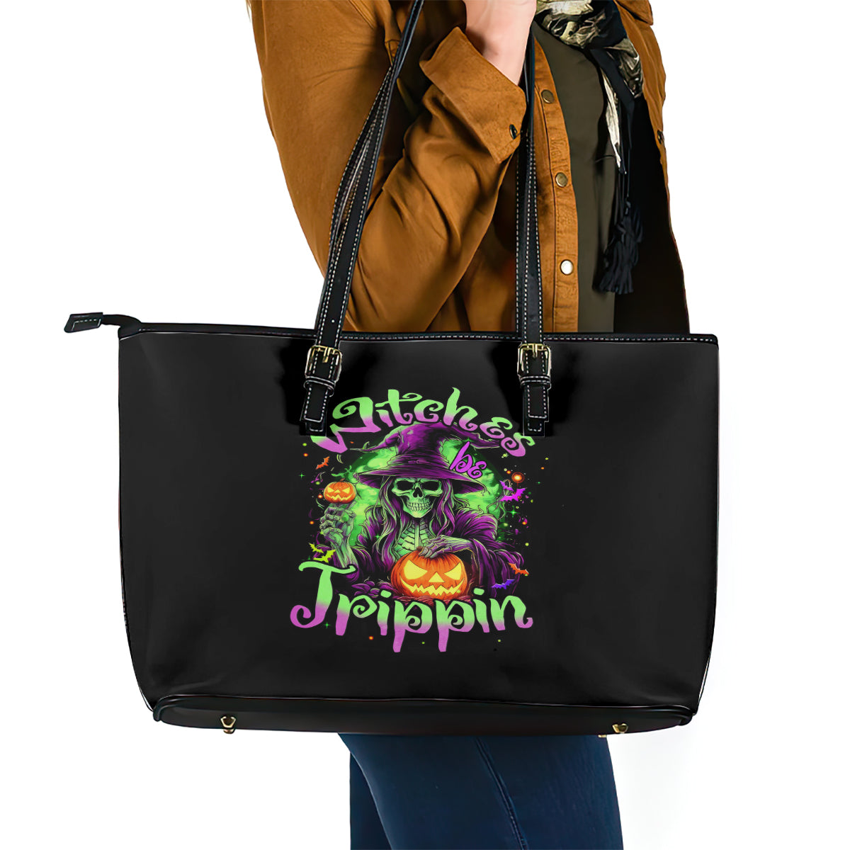 Pumpkin Witch Skull Leather Tote Bag Witches Be Trippin - Wonder Print Shop