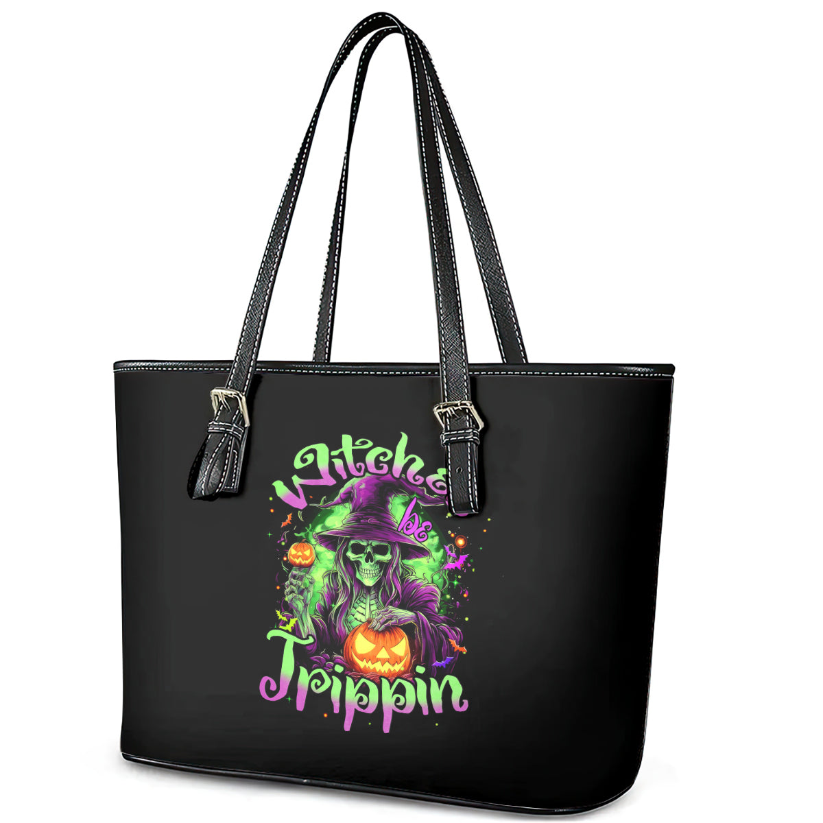 Pumpkin Witch Skull Leather Tote Bag Witches Be Trippin - Wonder Print Shop