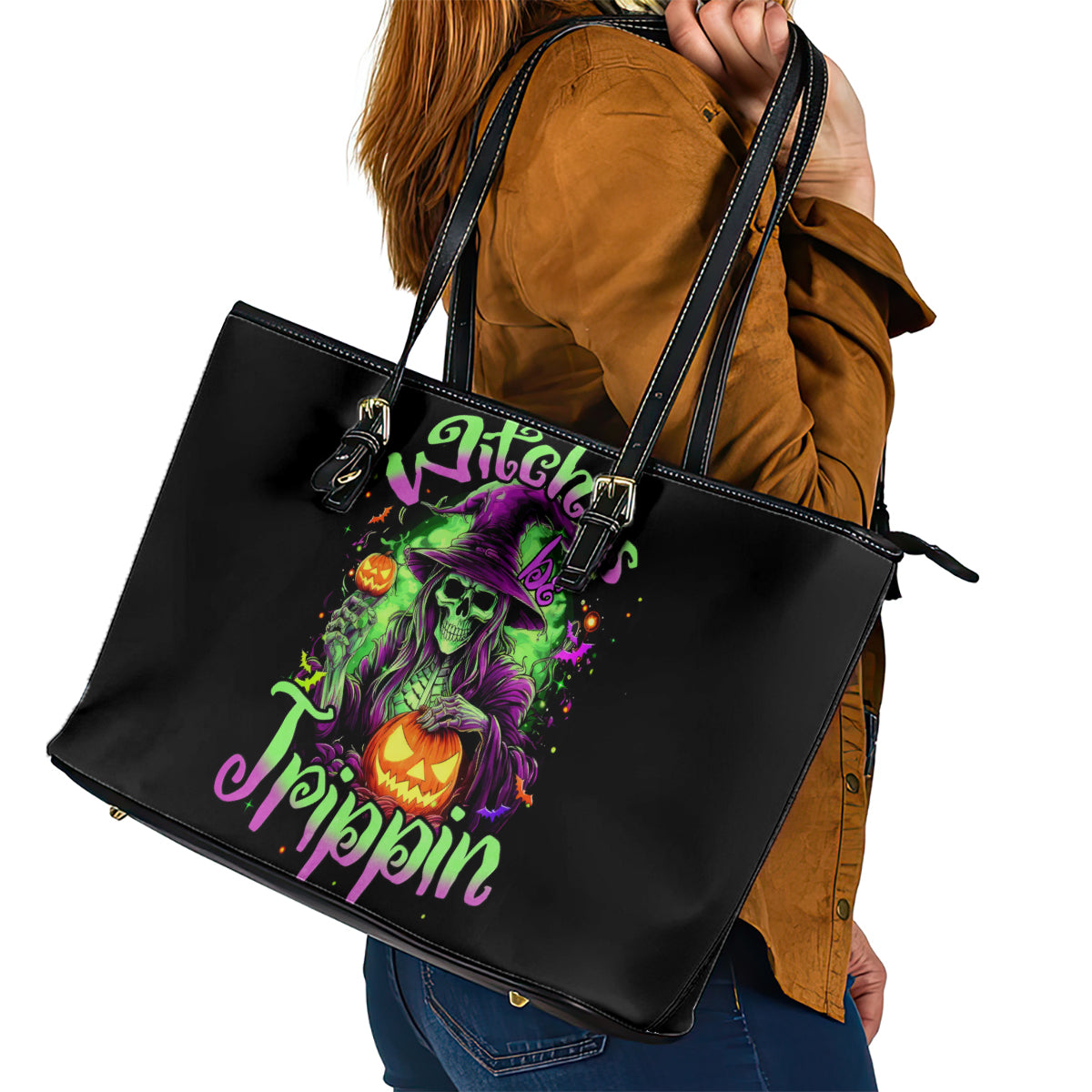 Pumpkin Witch Skull Leather Tote Bag Witches Be Trippin - Wonder Print Shop