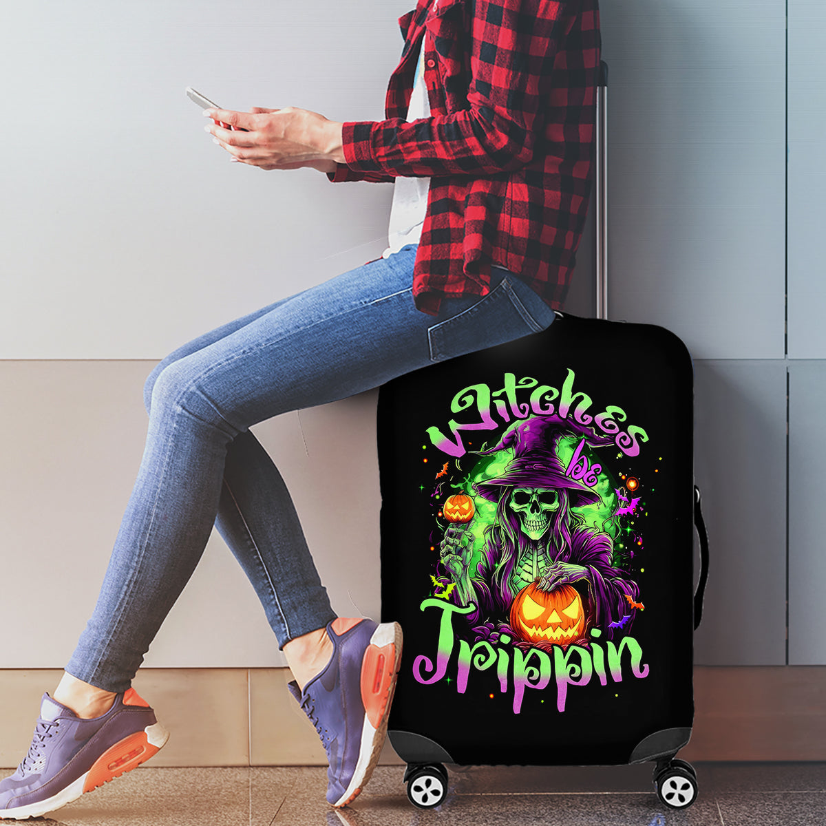 Pumpkin Witch Skull Luggage Cover Witches Be Trippin - Wonder Print Shop