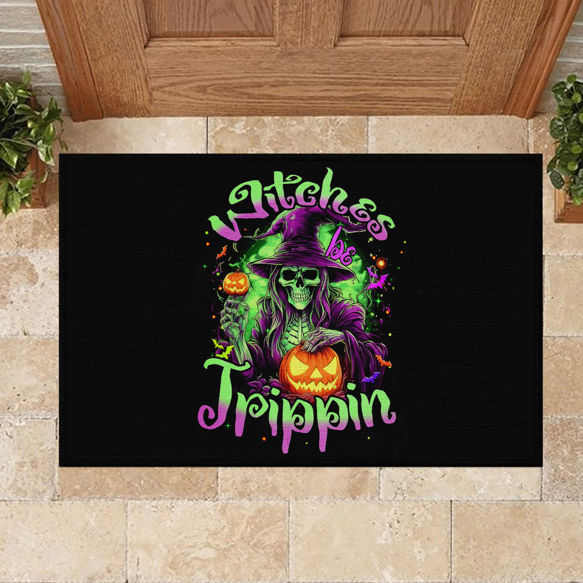 Pumpkin Witch Skull Rubber Doormat Witches Be Trippin - Wonder Print Shop