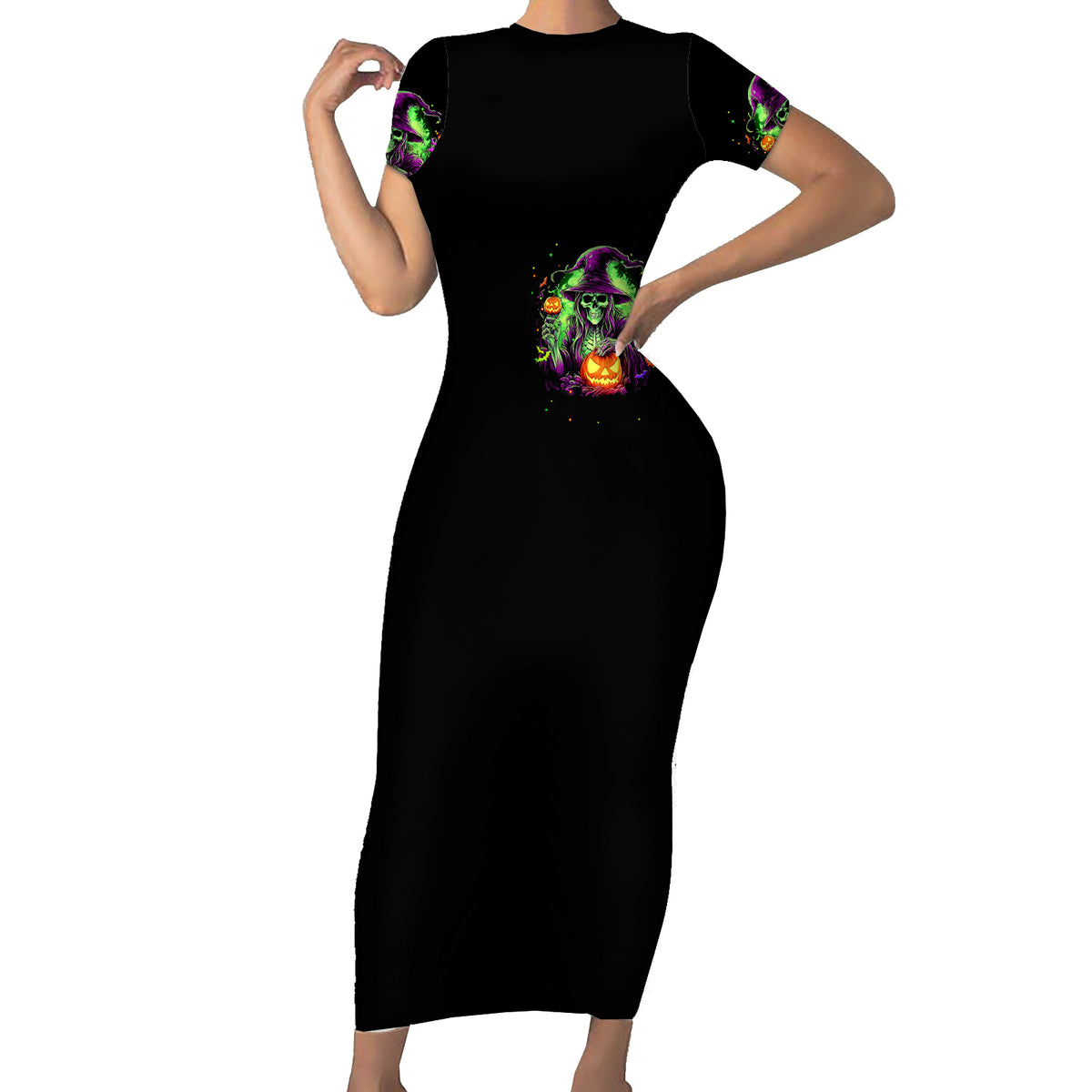 Pumpkin Witch Skull Short Sleeve Bodycon Dress Witches Be Trippin - Wonder Print Shop