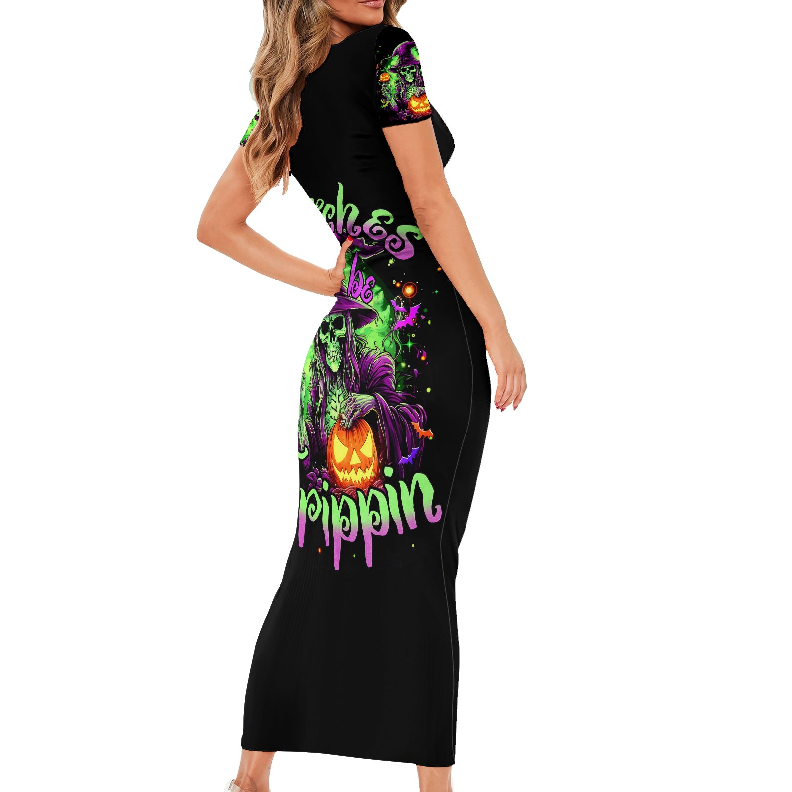 Pumpkin Witch Skull Short Sleeve Bodycon Dress Witches Be Trippin - Wonder Print Shop