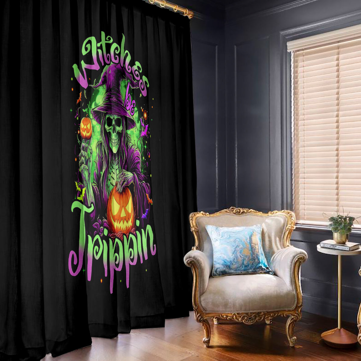 Pumpkin Witch Skull Window Curtain Witches Be Trippin - Wonder Print Shop
