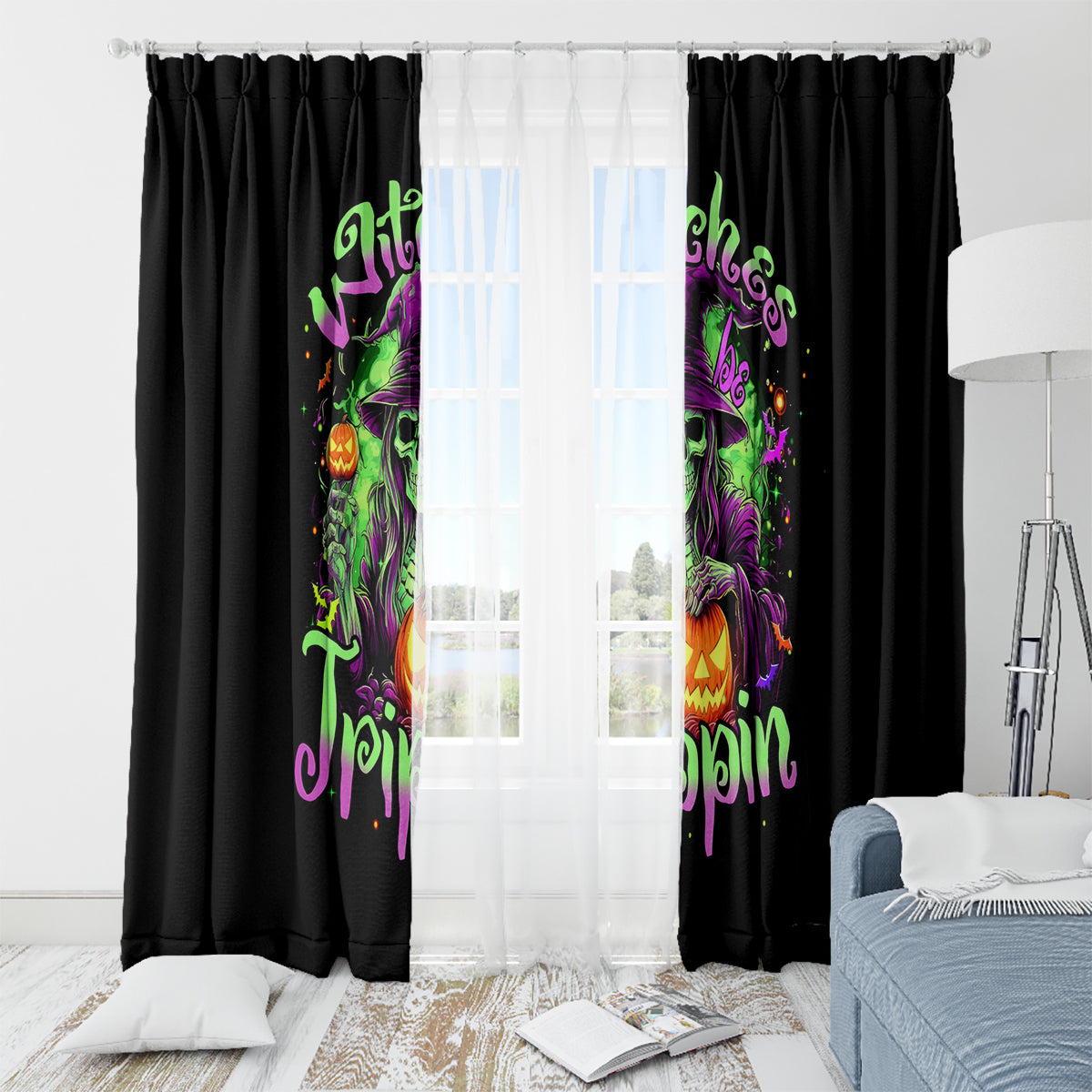 Pumpkin Witch Skull Window Curtain Witches Be Trippin - Wonder Print Shop