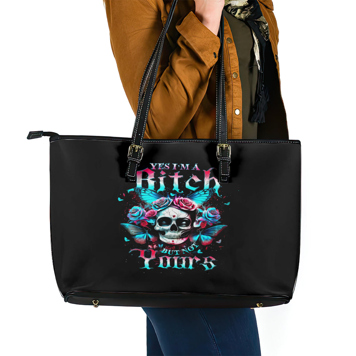Butterfly Skull Leather Tote Bag Yes I'm Bitch But Not Your - Wonder Print Shop