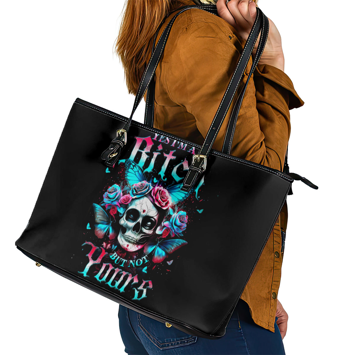 Butterfly Skull Leather Tote Bag Yes I'm Bitch But Not Your - Wonder Print Shop