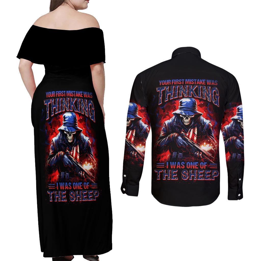 Soldier Skull Couples Matching Off Shoulder Maxi Dress and Long Sleeve Button Shirts Your First Mistake Was Thinking I Was One Of The Sheep - Wonder Print Shop