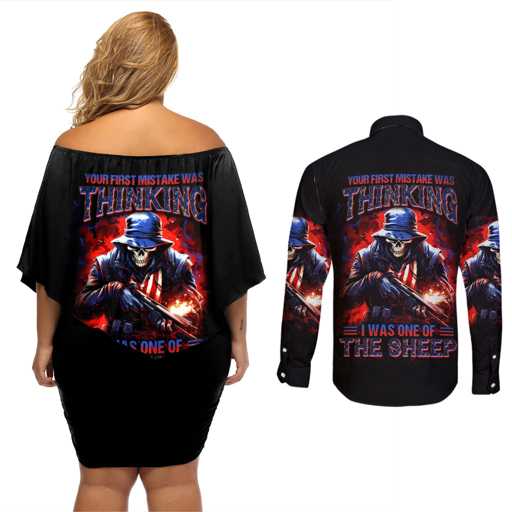 Soldier Skull Couples Matching Off Shoulder Short Dress and Long Sleeve Button Shirts Your First Mistake Was Thinking I Was One Of The Sheep - Wonder Print Shop