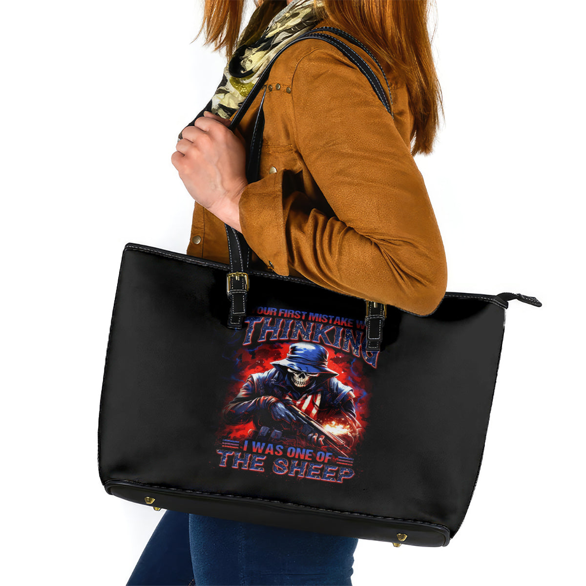 Soldier Skull Leather Tote Bag Your First Mistake Was Thinking I Was One Of The Sheep - Wonder Print Shop