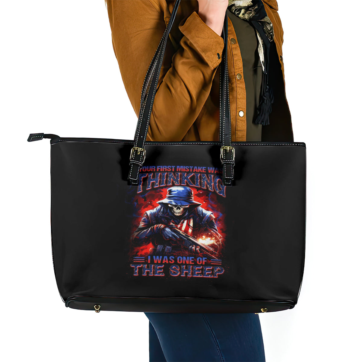 Soldier Skull Leather Tote Bag Your First Mistake Was Thinking I Was One Of The Sheep - Wonder Print Shop