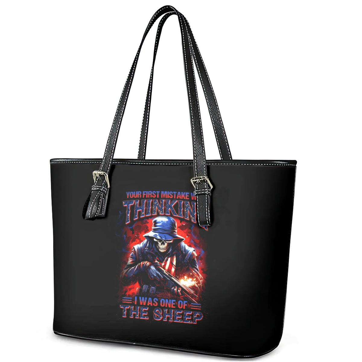 Soldier Skull Leather Tote Bag Your First Mistake Was Thinking I Was One Of The Sheep - Wonder Print Shop