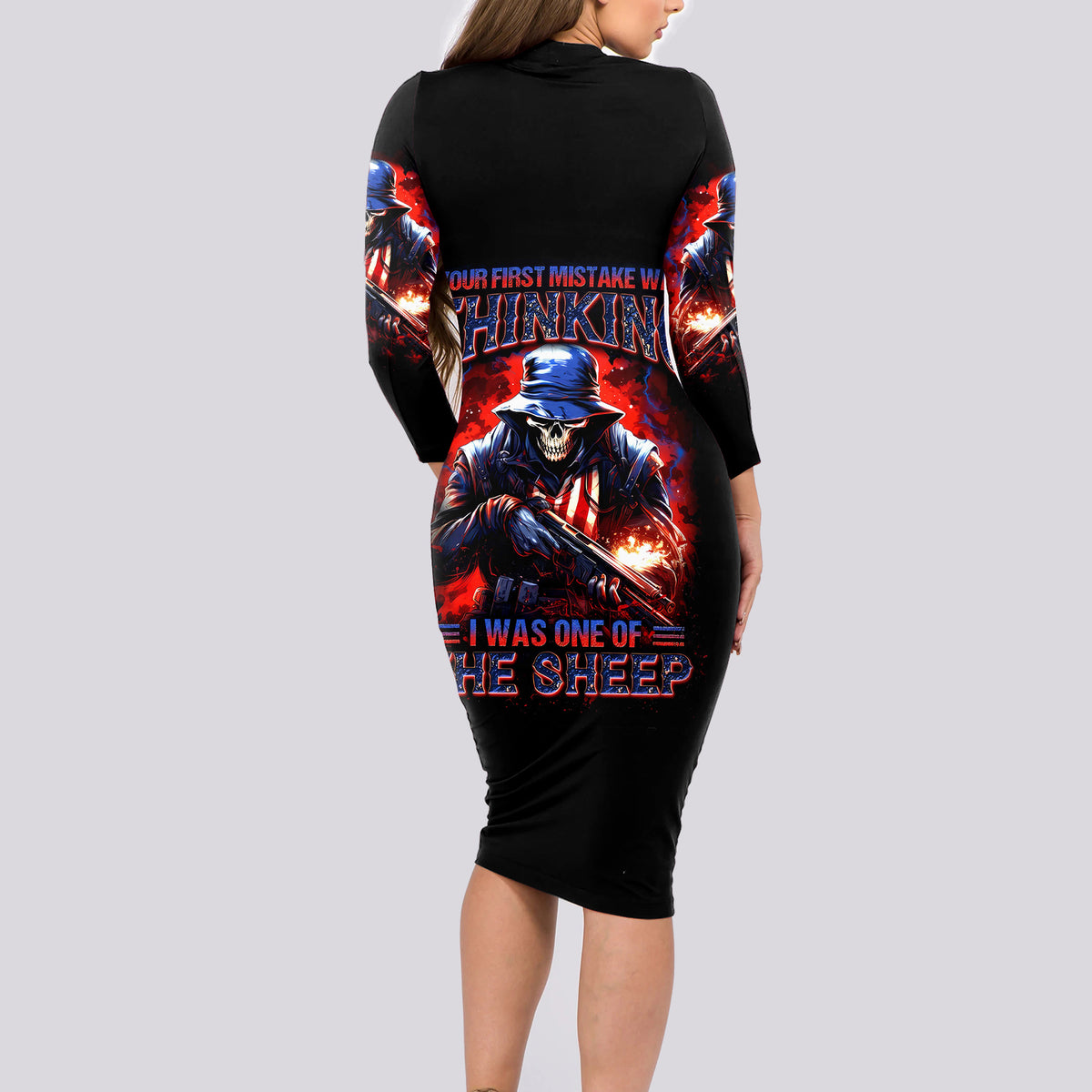 Soldier Skull Long Sleeve Bodycon Dress Your First Mistake Was Thinking I Was One Of The Sheep - Wonder Print Shop