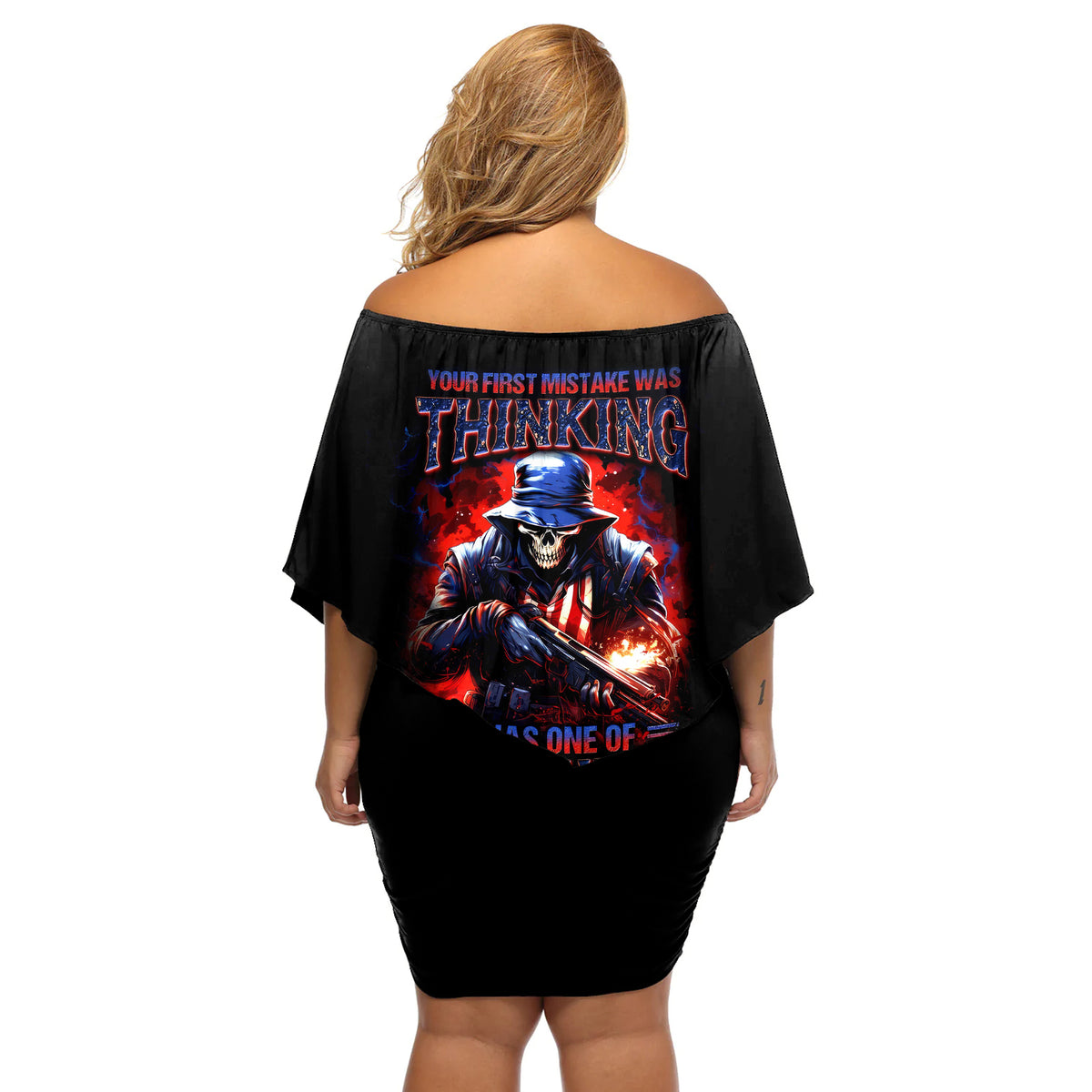 Soldier Skull Off Shoulder Short Dress Your First Mistake Was Thinking I Was One Of The Sheep - Wonder Print Shop