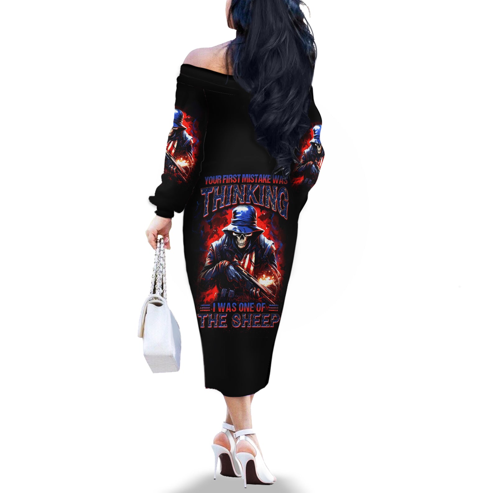 Soldier Skull Off The Shoulder Long Sleeve Dress Your First Mistake Was Thinking I Was One Of The Sheep - Wonder Print Shop