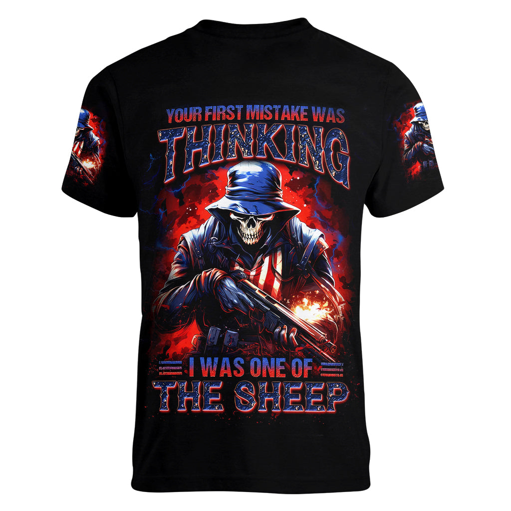 Soldier Skull Women V Neck T Shirt Your First Mistake Was Thinking I Was One Of The Sheep - Wonder Print Shop