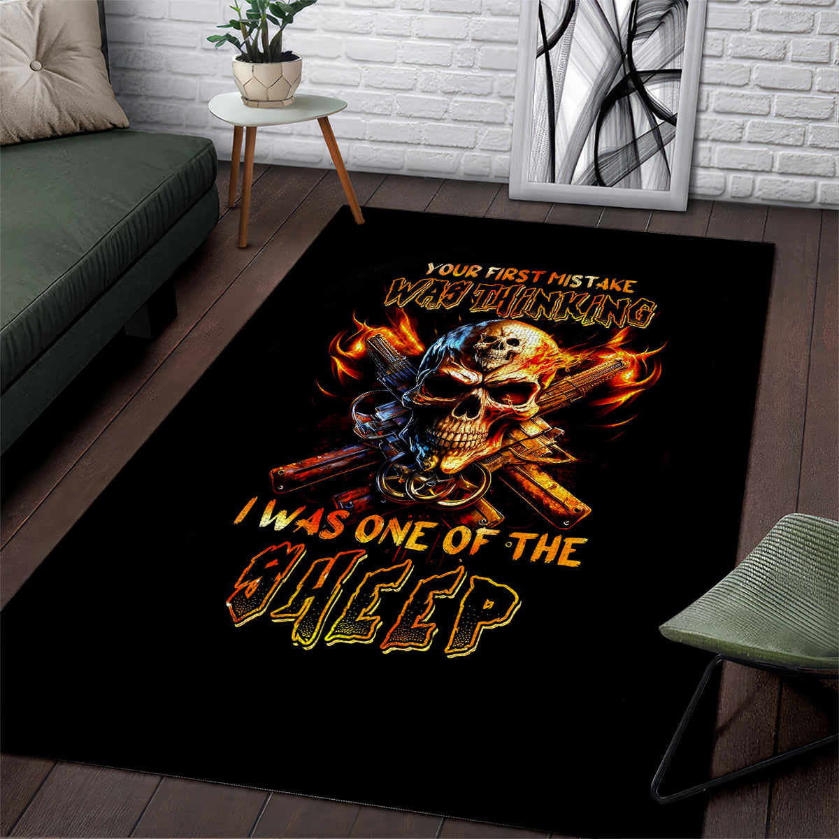 Fire Gun Skull Area Rug Your First Mistake Was Thinking I Was One Of The Sheep - Wonder Print Shop