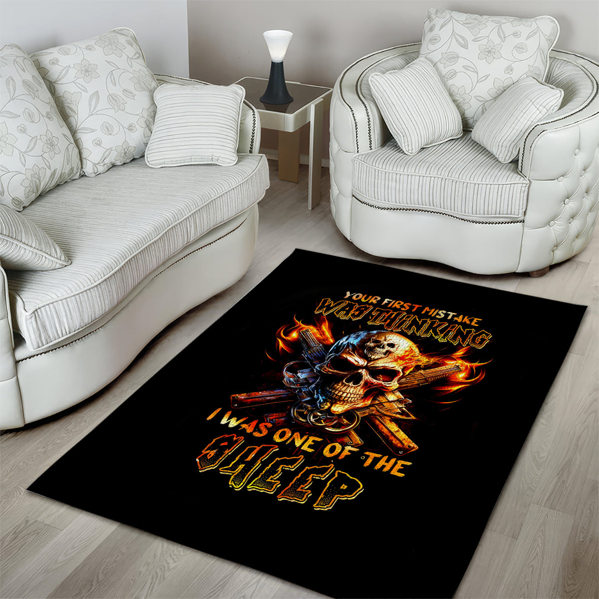 Fire Gun Skull Area Rug Your First Mistake Was Thinking I Was One Of The Sheep - Wonder Print Shop