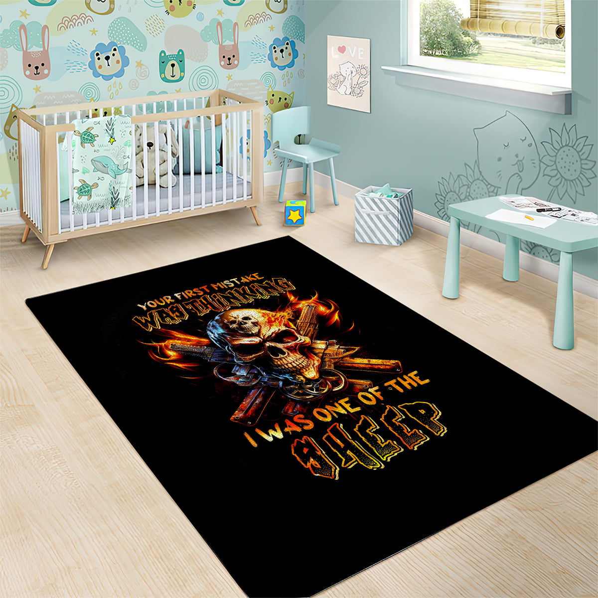 Fire Gun Skull Area Rug Your First Mistake Was Thinking I Was One Of The Sheep - Wonder Print Shop