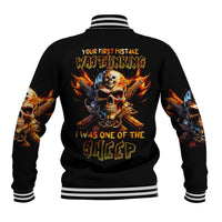Fire Gun Skull Baseball Jacket Your First Mistake Was Thinking I Was One Of The Sheep - Wonder Print Shop