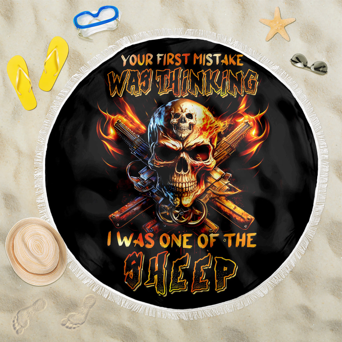 Fire Gun Skull Beach Blanket Your First Mistake Was Thinking I Was One Of The Sheep - Wonder Print Shop