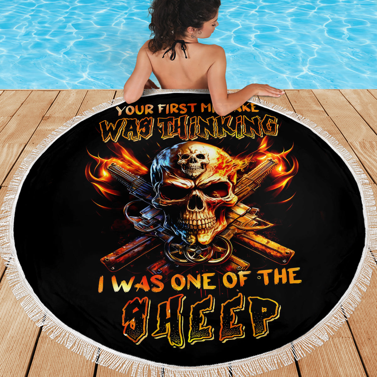 Fire Gun Skull Beach Blanket Your First Mistake Was Thinking I Was One Of The Sheep - Wonder Print Shop