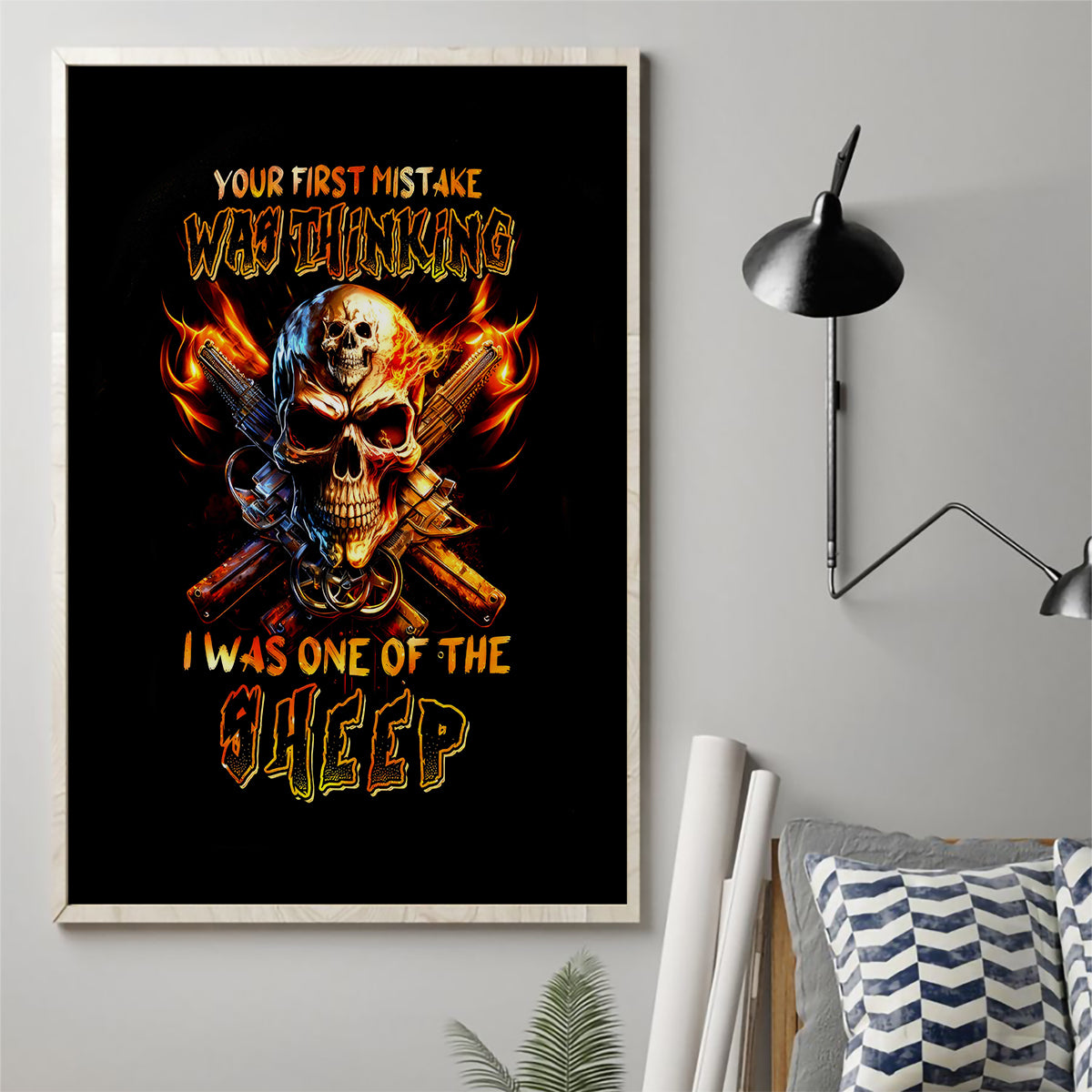Fire Gun Skull Canvas Wall Art Your First Mistake Was Thinking I Was One Of The Sheep - Wonder Print Shop