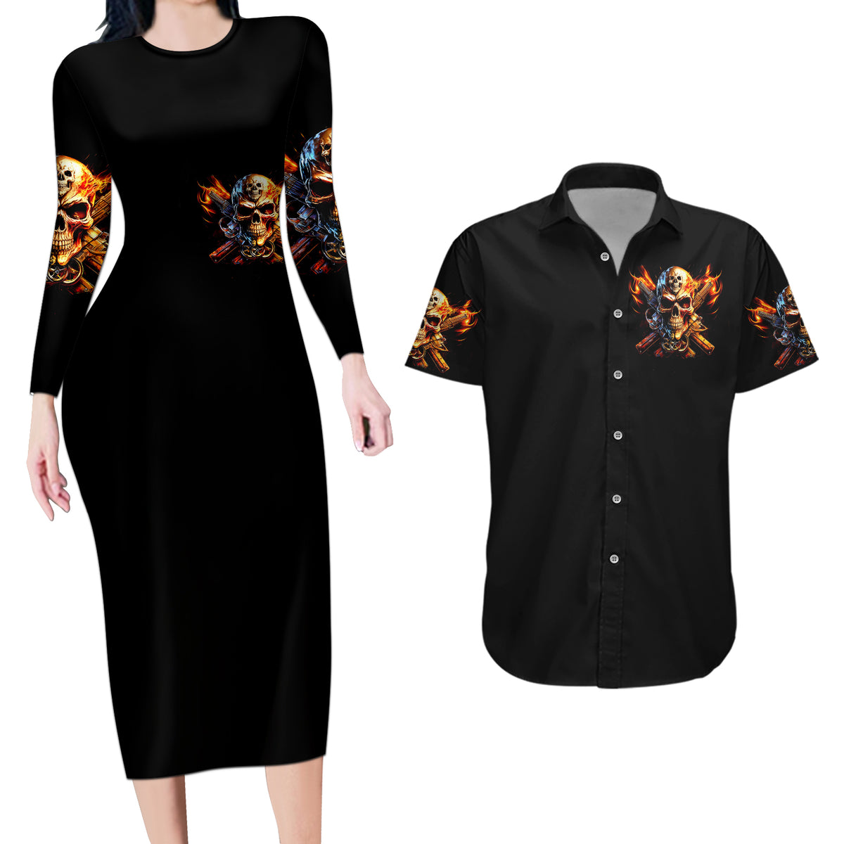 Fire Gun Skull Couples Matching Long Sleeve Bodycon Dress and Hawaiian Shirt Your First Mistake Was Thinking I Was One Of The Sheep - Wonder Print Shop