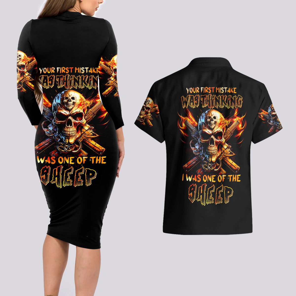 Fire Gun Skull Couples Matching Long Sleeve Bodycon Dress and Hawaiian Shirt Your First Mistake Was Thinking I Was One Of The Sheep - Wonder Print Shop